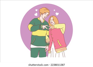 Couple lovers tenderness and romantic feelings hug kiss help each other feeling of love valentine's day cartoon vector illustration