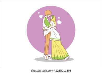 Couple lovers tenderness and romantic feelings hug kiss help each other feeling of love valentine's day cartoon vector illustration