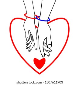 Couple of lovers and two hearts on a white background. Two rings connect the hands of loving couple. Black, white, red colors. The concept of Valentine's day, love, wedding. Vector illustration.
