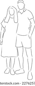 Un par de amantes, vector. Esbozo dibujado a mano. Un hombre y una mujer están uno al lado del otro.