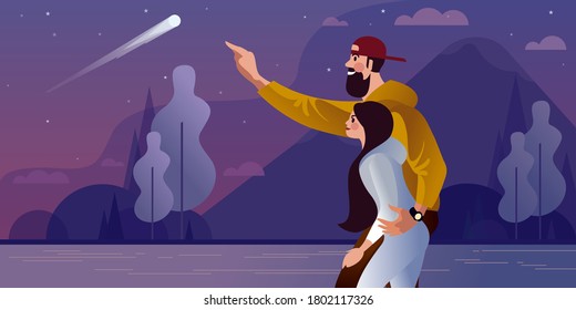 Couple of lovers watch a comet on a starry night. Flat vector illustration.