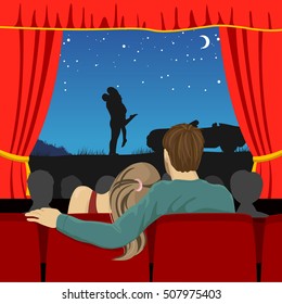 Couple Of Lovers Watching Romantic Movie In Cinema Theater