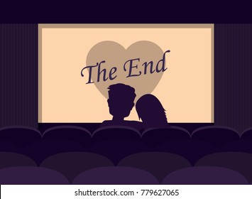 Couple of lovers watching romantic movie in cinema theater. Silhouettes a loving couple at movie theater. Vector flat cartoon illustration