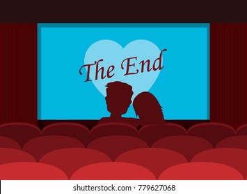 Couple of lovers watching romantic movie in cinema theater. Silhouettes a loving couple at movie theater. Vector flat cartoon illustration