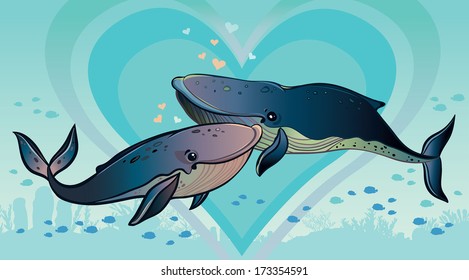 Couple of lovers whales in the blue sea. Underwater vector.