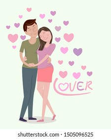 Couple, lovers who love each other, hugging, embracing, with heart floating on a white background. vector illustration.