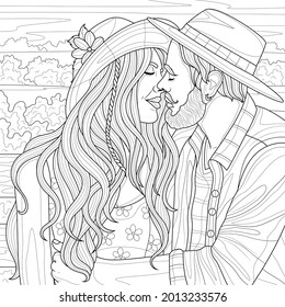 Couple of lovers.Man and woman in hats.Coloring book antistress for children and adults.Zen-tangle style. Black and white drawing.Hand drawn