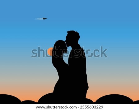 A couple loves each other at sunset, background silhouette design
