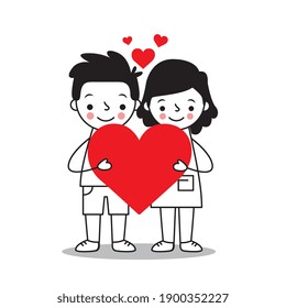 couple loving holding heart between hearts isolated over white background. vector illustration