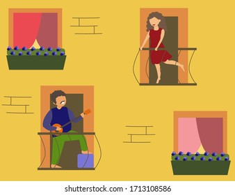 Couple of Loving Neighbors on Self-Isolation. Windows with flowers, balconies with railings, people in love are placed on the facade of the house. Vector flat illustration for poster or banner. 