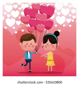 couple loving pink balloons rain heart background