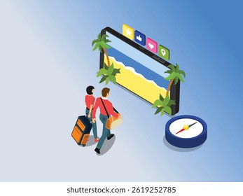 couple with luggage approaching a large smartphone displaying a tropical beach scene with social media icons 3d isometric vector