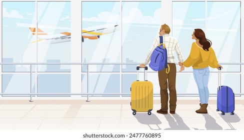 A couple with luggage standing in an airport terminal watching an airplane take off, on a light background. Vector illustration