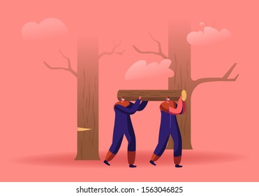 Couple of Lumberjack Laborers Carrying Heavy Wooden Log on Shoulders in Forest. Woodcutters Working in Wood Logging Industry. Logger Professional Occupation, Job. Cartoon Flat Vector Illustration