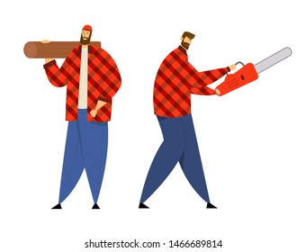 Couple of Lumberjack Male Characters in Plaid Shirts Holding Chainsaw and Wooden Log in Hands. Lumber Workers with Working Equipment and Tools Posing, Woodcutters. Cartoon Flat Vector Illustration
