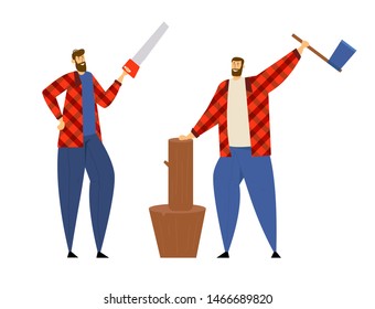 Couple of Lumberjack Male Characters in Plaid Shirt Standing in Different Poses Holding Axe and Saw in Hands. Worker Lumber with Wooden Log on Stump Posing, Woodcutter Cartoon Flat Vector Illustration