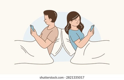 Couple Lying in Bed Back-To-Back Staring at Phones Representing Disrupting Intimacy Vector