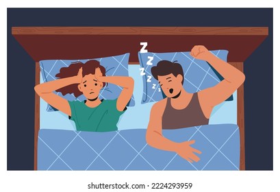 Pareja en cama, personaje femenino sufre de ronquido de marido con dolor de cabeza. Enfermedad de las roncas, trastorno de la salud respiratoria, concepto de fastidio con el hombre y la mujer. Ilustración de vectores de personas de caricatura