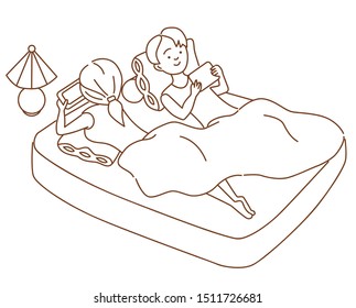 Couple lying in bed and looking at phone. Flat design vector illustration.