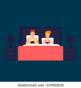 Couple Lying In Bed And Looking At Phone. Flat Design Vector Illustration.