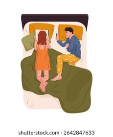 Couple in lying bed in bed one reading a book and the other using a phone. Vector flat scene representing evening relaxation, relationship bonding, and digital lifestyle in a modern home environment
