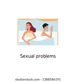 Couple lying in bed with sexual problems cartoon style, vector illustration isolated on white background. Lack of sex as diabetic disease symptom, man and woman don't make love