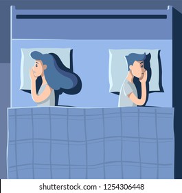 Couple is lying in the bed turned away to each other. Vector illustration.