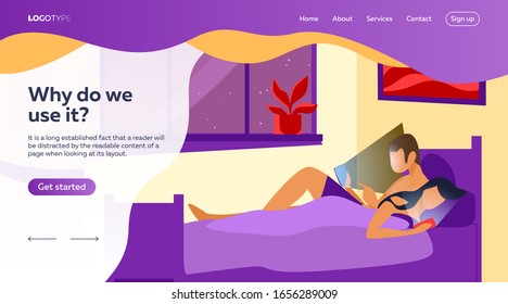 Couple lying in bed and using mobile phones. Gadget and internet addicted users flat vector illustration. Addiction, unhealthy habit, sleepless concept for banner, website design or landing web page