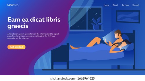 Couple lying in bed and using mobile phones. Gadget and internet addicted users flat vector illustration. Addiction, unhealthy habit, sleepless concept for banner, website design or landing web page