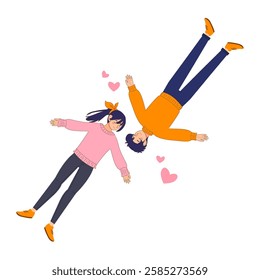 Couple lying down with smile expression. Cartoon illustration