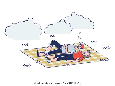 Couple lying on blanket in park. Young man and woman relaxing after picnic outdoors. Romantic date or hiking journey in nature concept. Cartoon linear vector illustration