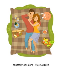 couple lying on a blanket on a picnic in the park, top view from above vector illustration