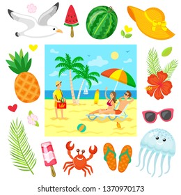 Couple lying on chaise lounge under parasol, woman rising hand for buying bottle of drink, business on beach. Summer decorations icons isolated around vector