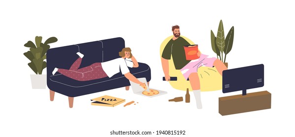 Couple Lying On Coach In Living Room, Eating Food From Delivery And Watching Tv During Weekend. Lazy Man And Woman Spent Time At Home Relaxing. Cartoon Flat Vector Illustration