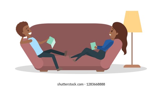 Couple lying on the couch and read book. Family spend time at home. Comfortable living and relaxation. Isolated flat vector illustration