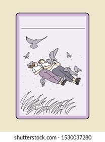 A couple is lying on the grass in the park and doves are flying around. hand drawn style vector design illustrations. 