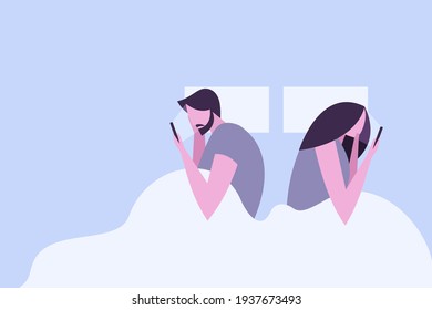 Couple lying part in bed at night looking at their smart phone. Concept illustration for sexual wellbeing