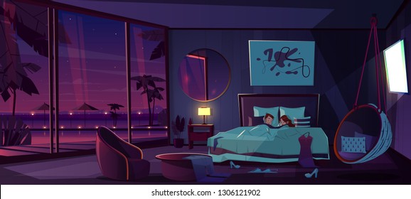 Couple Lying And Resting In Bed, Sleeping In Comfortable Apartments, Spending Night In Resort Hotel Room With Glass Windows, Swimming Pool Outside Cartoon Vector Illustration. Summer Vacation Leisure