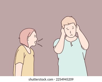 Couple Mad angry debate cranky quarreling woman screaming man covering ears simple korean style illustration 