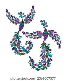 Couple of Magic Fairy Birds. Phoenix Birds. Mythical character. Ornamental Silhouette for your design