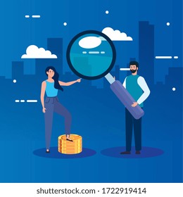 couple with magnifying glass and coins vector illustration design