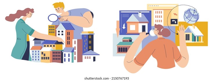 Couple With A Magnifying Glass Looking For Apartment For Rent. People Searching Property For Living Or Investment. Accommodation For Man And Woman. Renting Or Purchasing. Vector In Flat Style