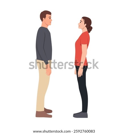 Couple maintaining eye contact in a neutral or serious manner, conversation or confrontation. Flat vector illustration isolated on white background