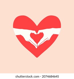 Pareja hace la forma de la mano del corazón en el medio del diseño del símbolo del logotipo de la forma del corazón rojo. Ilustración de San Valentín Vector Plano.