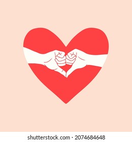 Couple Make Heart Hand Form in der Mitte des Roten Herzens Form Logo Symbol Symbol Design. Flache Vektorgrafik ValentinIllustration.