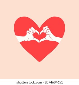 Couple Make Heart Hand Form in der Mitte des Roten Herzens Form Logo Symbol Symbol Design. Flache Vektorgrafik ValentinIllustration.