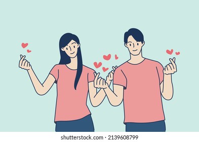 Couple make korean heart sign. valentine's day poster decoration. Hand draw style. Vector illustration.