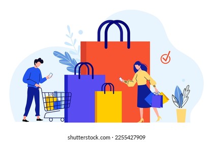 Couple make shopping concept. Man and woman doing online purchases via smartphone. Cartoon man with trolley full of packages, woman holding shopping bags. Buying products, retail sale vector