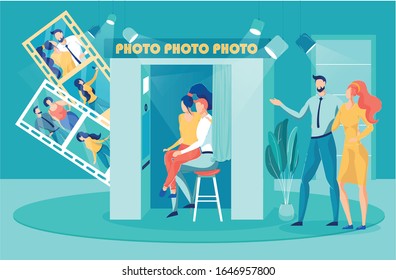 Couple Makes First Joint Pictures in Photo Booth. Girl Sits on Guys Lap, they Look towards Camera and Pose. Other Couple is already Approaching Booth, but they will Have to Wait their Turn.
