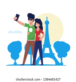 Couple Makes Selfie on Background Attractions. Guy and Girl Embraced to Take Selfie on Background Eiffel Tower. Traveling Young Couple in Paris. Vector Illustration on White Background.